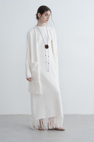 Textured Knit Vest Dress with Fringe - Rustic Autumn Charm - 4inme 
