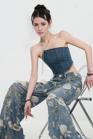 Vintage American Print Distressed Wide-Leg Jeans - 4inme 