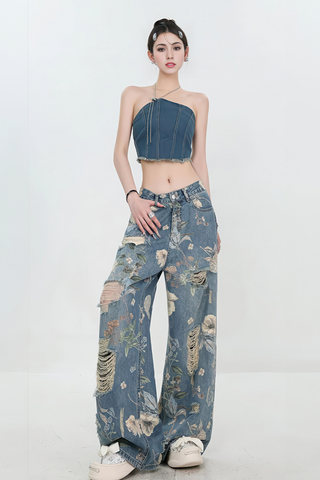 Vintage American Print Distressed Wide-Leg Jeans - 4inme 
