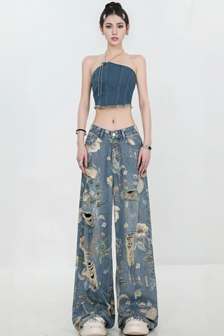 Vintage American Print Distressed Wide-Leg Jeans - 4inme 