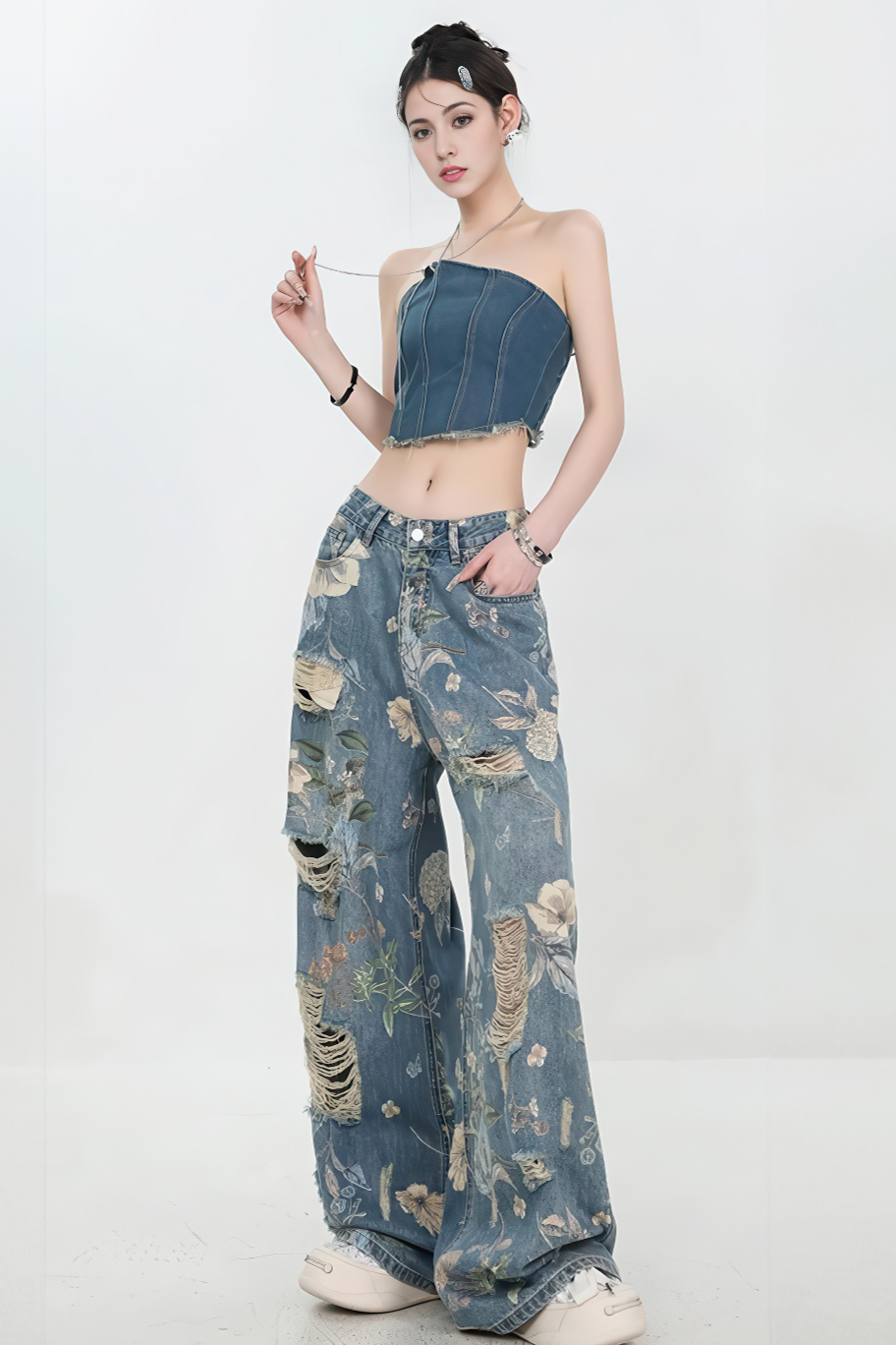 Vintage American Print Distressed Wide-Leg Jeans - 4inme 