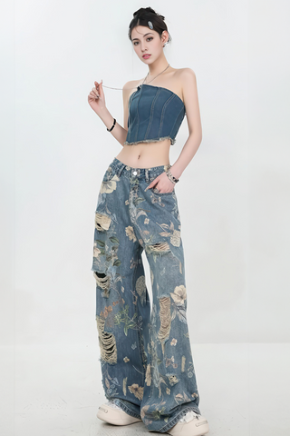Vintage American Print Distressed Wide-Leg Jeans - 4inme 