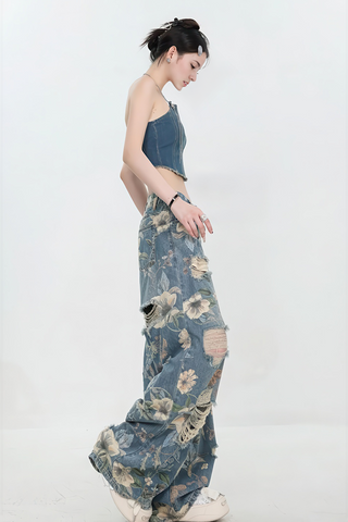 Vintage American Print Distressed Wide-Leg Jeans - 4inme 