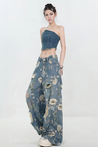 Vintage American Print Distressed Wide-Leg Jeans - 4inme 
