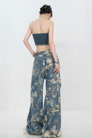 Vintage American Print Distressed Wide-Leg Jeans - 4inme 