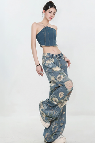 Vintage American Print Distressed Wide-Leg Jeans - 4inme 