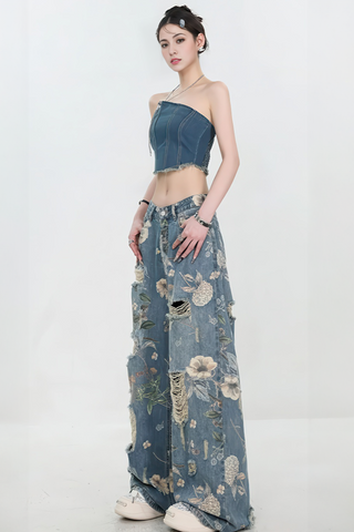 Vintage American Print Distressed Wide-Leg Jeans - 4inme 