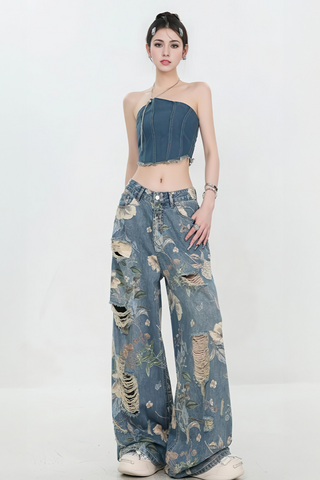 Vintage American Print Distressed Wide-Leg Jeans - 4inme 