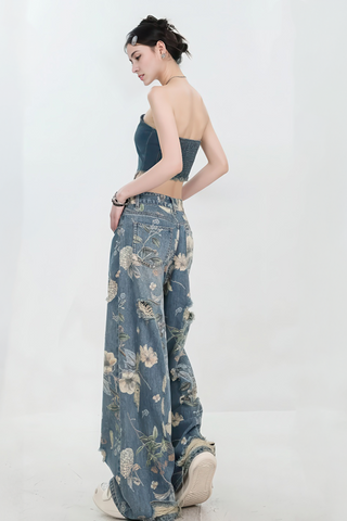 Vintage American Print Distressed Wide-Leg Jeans - 4inme 