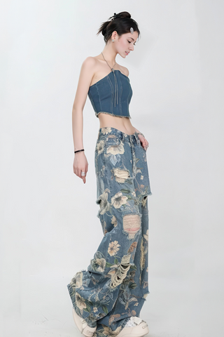 Vintage American Print Distressed Wide-Leg Jeans - 4inme 