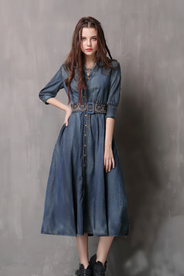 Waist-Cinched Embroidered Denim Midi Dress - 4inme 