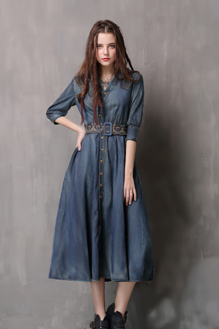 Waist-Cinched Embroidered Denim Midi Dress - 4inme 