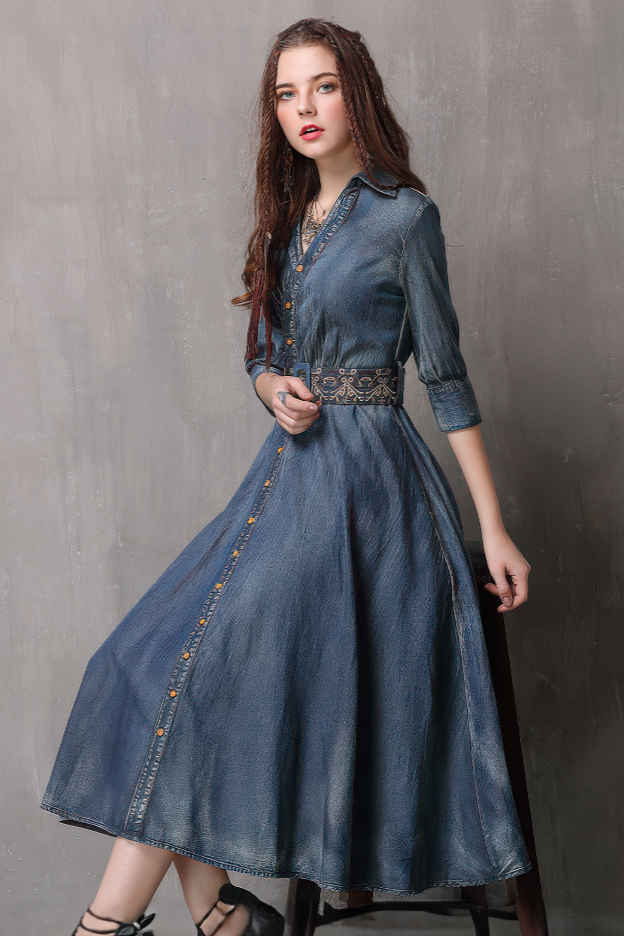 Waist-Cinched Embroidered Denim Midi Dress - 4inme 