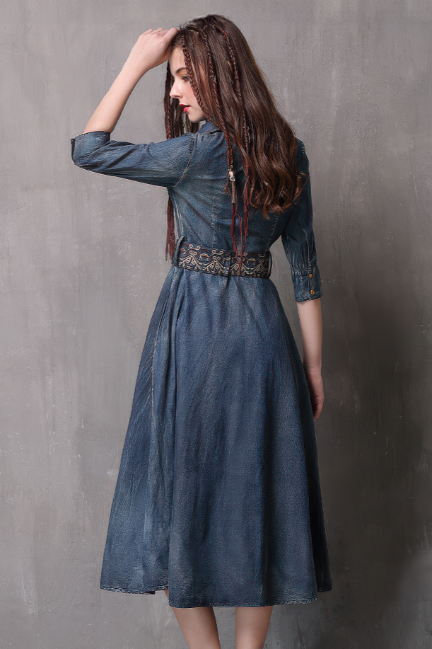 Waist-Cinched Embroidered Denim Midi Dress - 4inme 