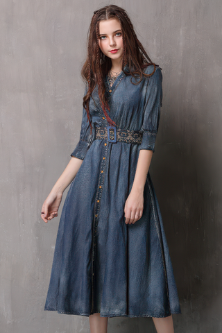 Waist-Cinched Embroidered Denim Midi Dress - 4inme 