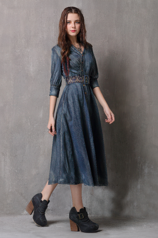 Waist-Cinched Embroidered Denim Midi Dress - 4inme 