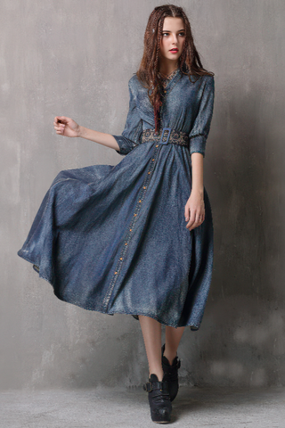 Waist-Cinched Embroidered Denim Midi Dress - 4inme 