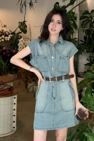 Waist-Cinched Retro Denim Dress - 4inme 