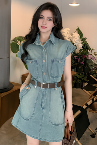 Waist-Cinched Retro Denim Dress - 4inme 