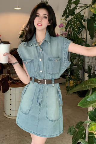 Waist-Cinched Retro Denim Dress - 4inme 