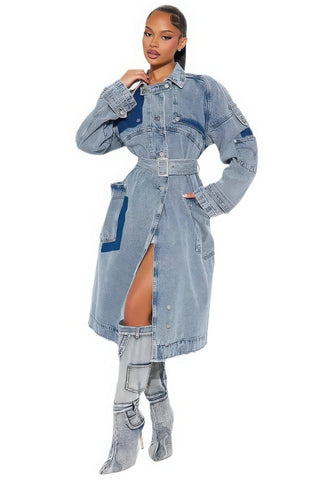 2024 Fall/Winter Women's Long Denim Trench Coat with Belt