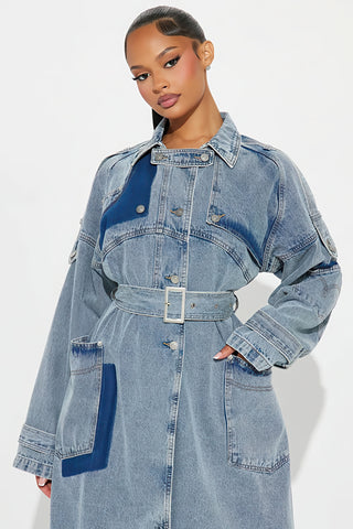 2024 Fall/Winter Women's Long Denim Trench Coat with Belt